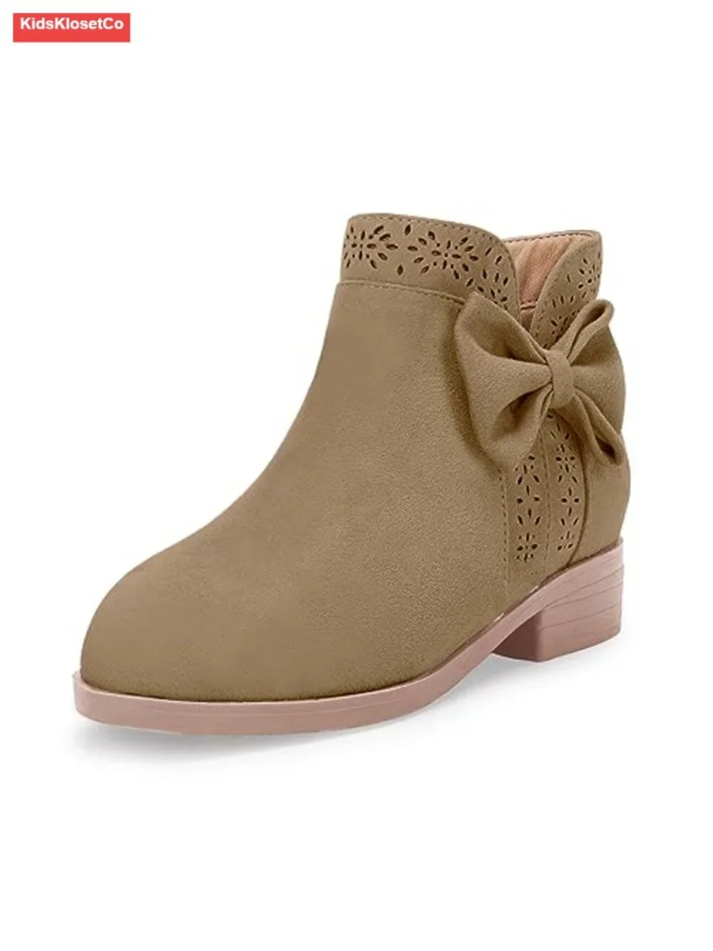 Girls Faux Suede Ankle Boots with Bow, Fur Lining, Side Zipper